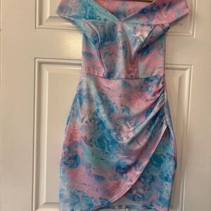 Blue and Pink Asymmetrical Bodycon Dress with Pleated Off-the-Shoulder Design